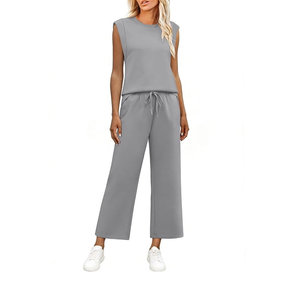 Guluxicc 2 Piece Women's Outfit Sets Crew Neck Sleeveless Top Drawstring Waist Cropped Wide Leg Pants Casual Outfits for Spring and Summer Outdoor Hiking