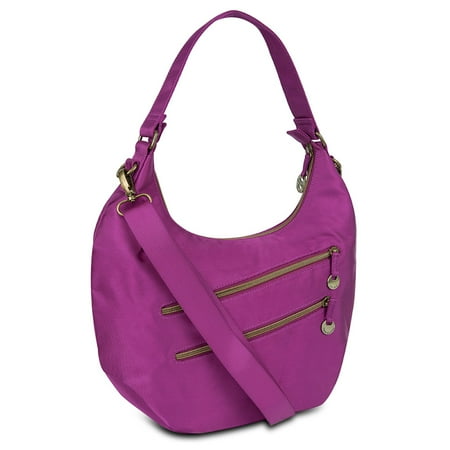Magenta Fabric Handbags - Travelon Hack-Proof Convertible Hobo Bag Purse with RFID Protection - Magenta