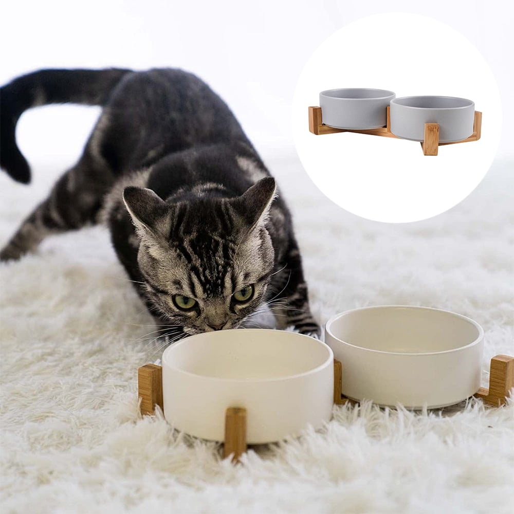 grey--Ceramic Dog and Cat Bowl with Wood Stand Non-Slip Matte Weighted Food Water Set for Cats&Small Dogs