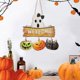 thumbnail image 1 of Letrero de bienvenida para puerta de Halloween con diseño de calabaza fantasmal de Hmsavn, rústico, iluminado y montado en la pared para decoración del hogar en otoño., 1 of 8