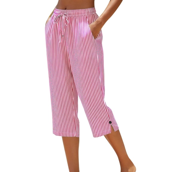 Summer 3/4 Capris for Women Straighte Leg Loose Capri Pants Elastic Waist Cropped Striped Palazzo Trousers with Pocket Pink L