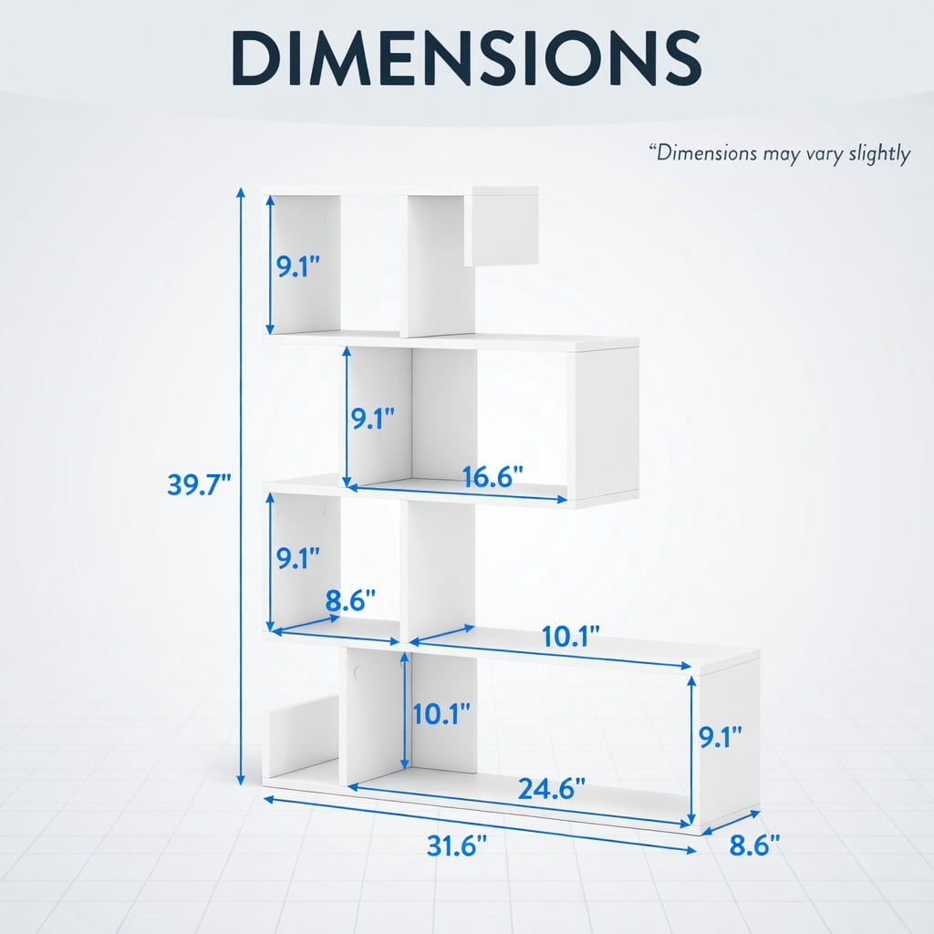 Demi Bonn 5-Tier S-Shaped Bookshelf Geometric Z-Shelf Bookcase with Open Cubes, White