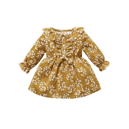 

Hopiumy Toddler Autumn Dress Girls Floral Ruffled O-Neck Long Sleeve Buttons Princess Party Dress
