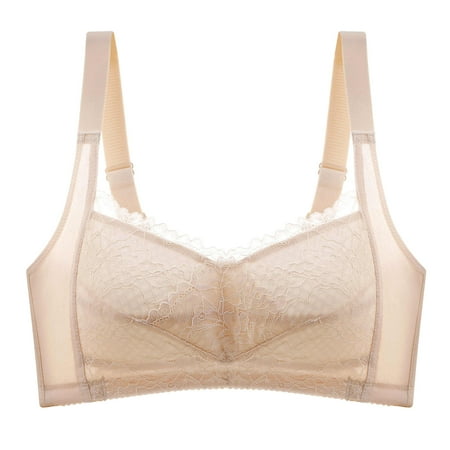 Women Bras Full Coverage Ladies Comfortable Breathable No Underwire Lace Small Bra Woman Underwear V-Neck Convertible Bra Feature Hook and Eye Closure Nursing Bra Style Y-597   Beige L