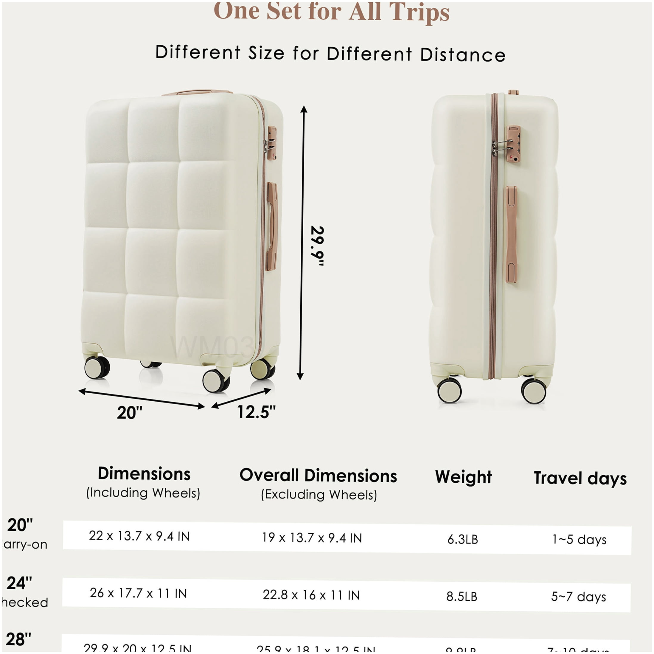3-Piece Spinner Luggage Set with Cup Holder, ABS Hard Shell Airline Approved Suitcase in White and Gold