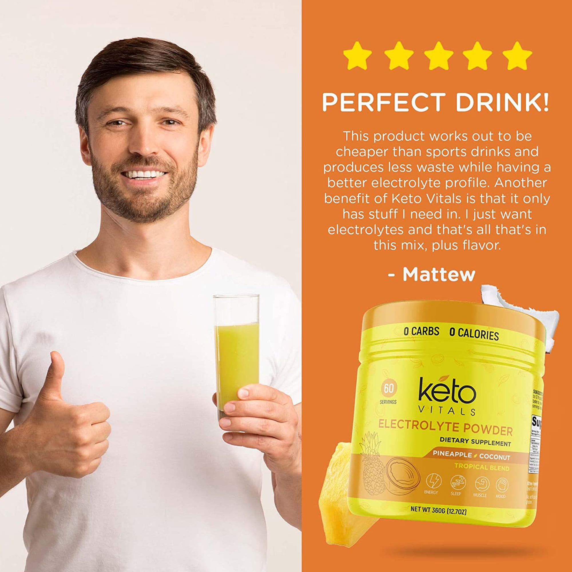 Keto Vitals Keto Electrolytes Powder for Hydration, Sleep, Energy, Muscle Function Pineapple Coconut 10 oz