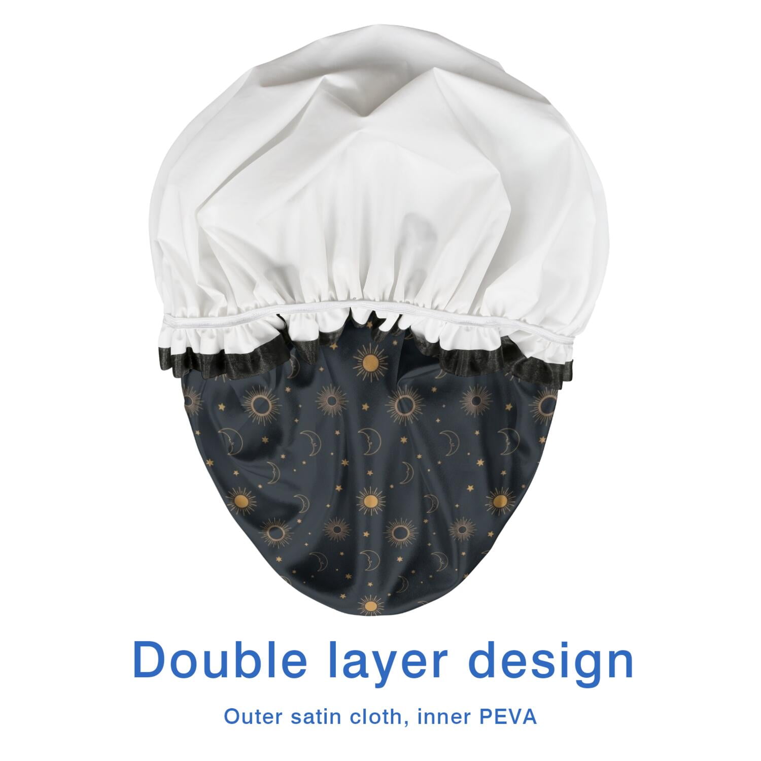 Shower Caps,Dark Blue Sun Moon Pattern Waterproof Shower Cap for Women 4 Pieces,Double Reusable Hair Cover for Shower PEVA Elastic Stretch Hem