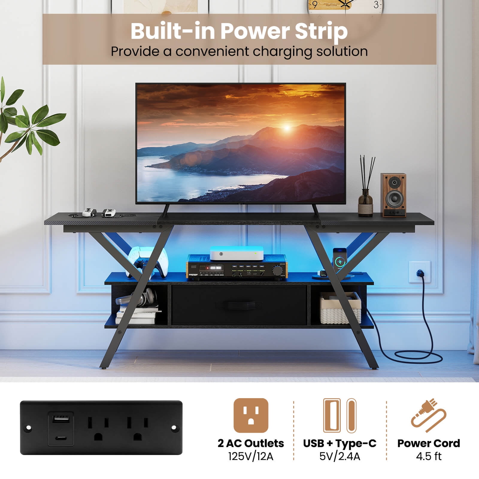 Costway 3-Tier TV Stand with Power Outlets for 65” TVs, LED Lights & Remote Storage Shelves Black