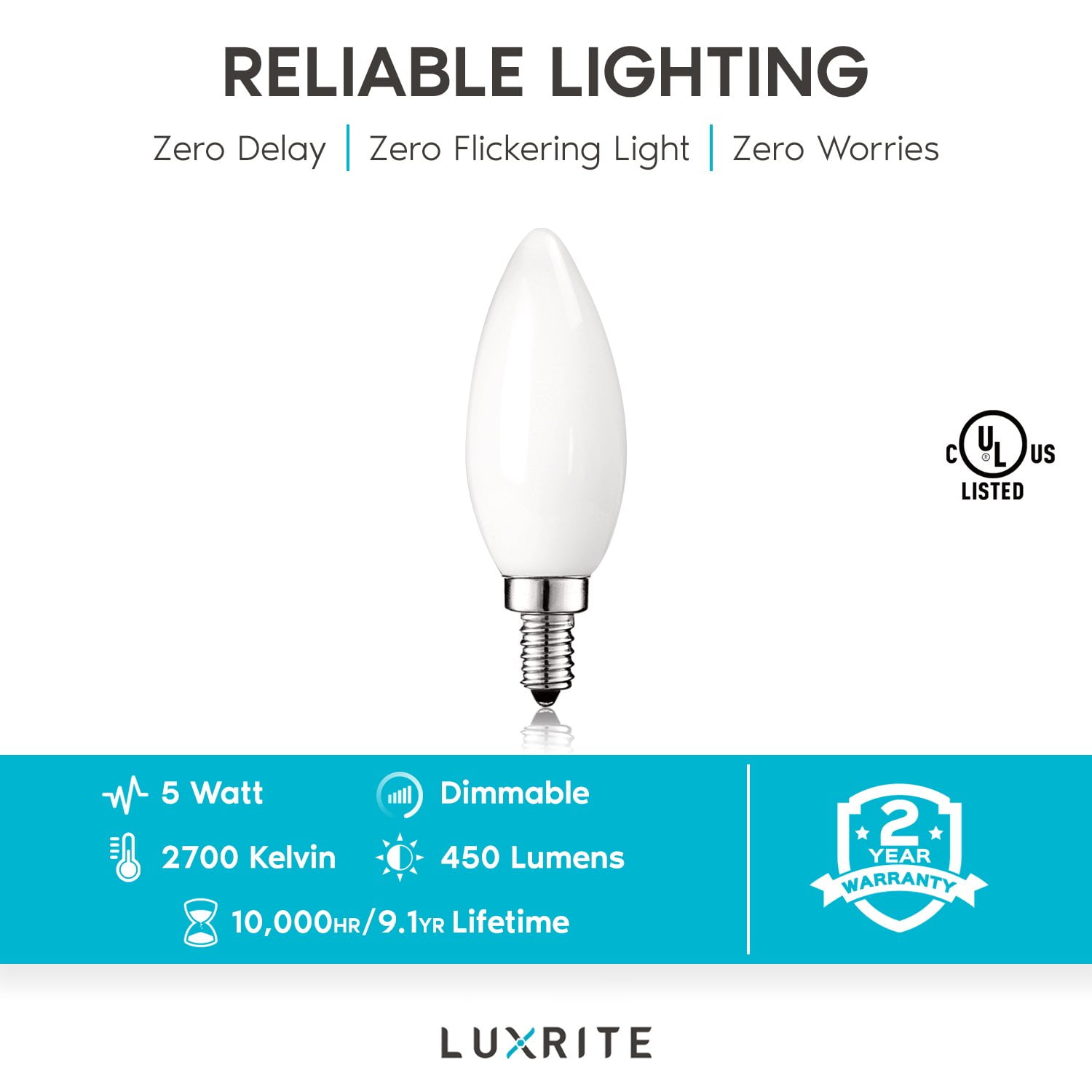 Luxrite E12 LED Chandelier Frosted Light Bulbs, Dimmable, 60 Watt Equivalent, 2700K Warm White, 450 Lumens, Blunt Tip, 16-Pack