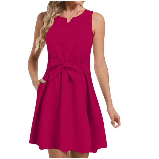 AherBiu Robe pour Femmes 2024 Élégante Tendance Sans Manches Débardeur Robe Midi Fluide Froncée Longueur Genou Robe d'Été