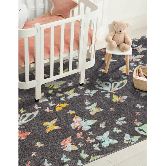 Unique Loom Whimsy Kids Collection Area Rug - Butterflies (5' 3" x 8' Rectangle Charcoal Gray/Blue)