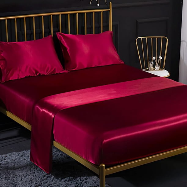 Piece Solid Color Satin Bed Sheet Set 1 x Fitted Sheet 198203 cm 2 Person with 35 cm Deep Pocket, 1 x Flat Sheet and 2 x Pillowcases, Burgundy Red