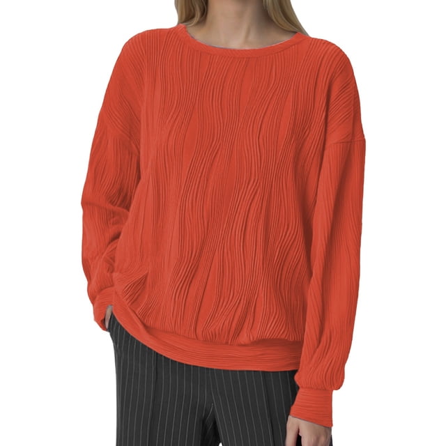 Women's Long Sleeve Ribbed Knit Pullover - Solid Color Polyester Sweatshirt, Casual Hoodless Top for All Seasons