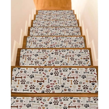 Dog Paw Stair Treads for Wooden Steps Indoor Runner Rug Carpet Vintage Farmhouse Dog Bones Love Heart 10 Pieces Peel and Stick Staircase Step Treads Covers Washable Throw Door Mats 30 x8
