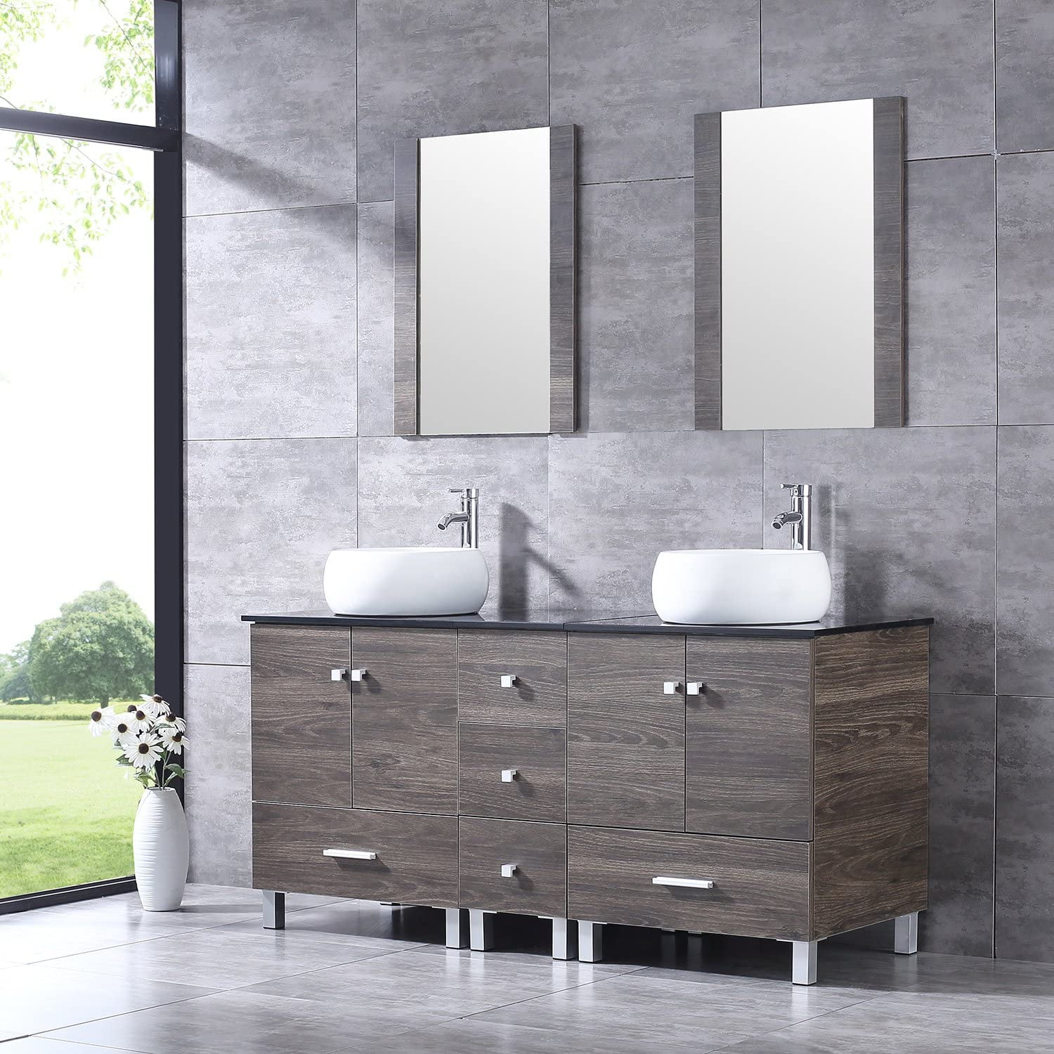 24" Bathroom Vanity Cabinet W/ Mirror Rectangl Ceramic Sink Faucet Combo Brown 