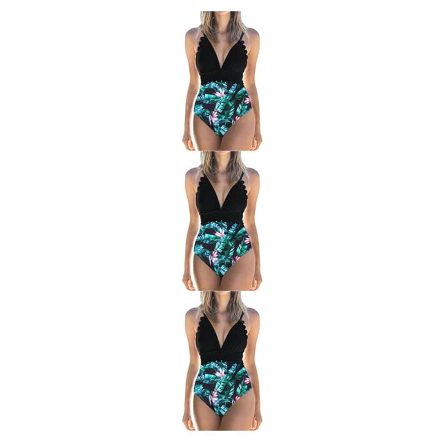 Advancent Traje de baño sin mangas para mujer, traje de baño de poliéster con escote en V profundo para fiesta, ropa de playa para mujer, Flor negra + verde METRO 3Conjunto