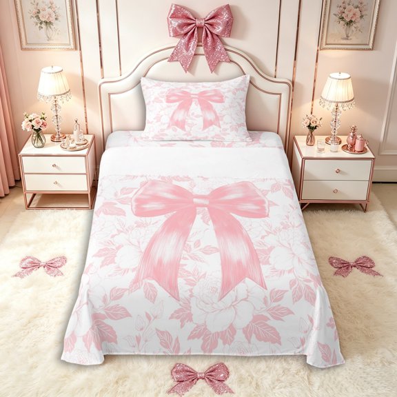 Manfei Girls Chic Floral Bow Twin Sheet Sets 3pcs,Kids Teens Spring Garden Flowers Bedding,Microfiber Bedroom Decor