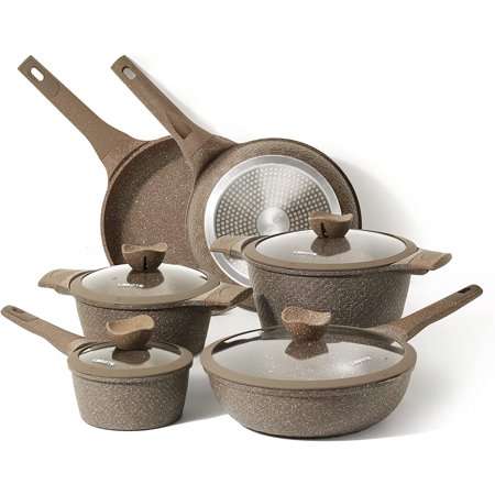 Carote Nonstick Cookware Sets, 10 Pcs Pots and Pans Set Nonstick, Healthy Non Stick Induction Stone Cookware Kitchen Granite Cooking Set w/Frying Pans & Saucepan, PFOS, PFOA Free (Brown Granite)