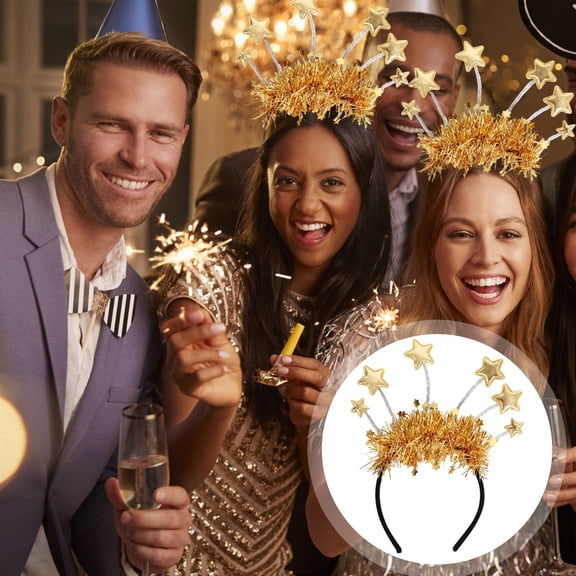 2026 Happy New Year Headbands Gold Crown Glitter Hair Accessories for Women Girls, Light up Rave Headbands Sparkling Gold Stars Head Tinsel Hair Accessories(C-10.7*8.46Inch)