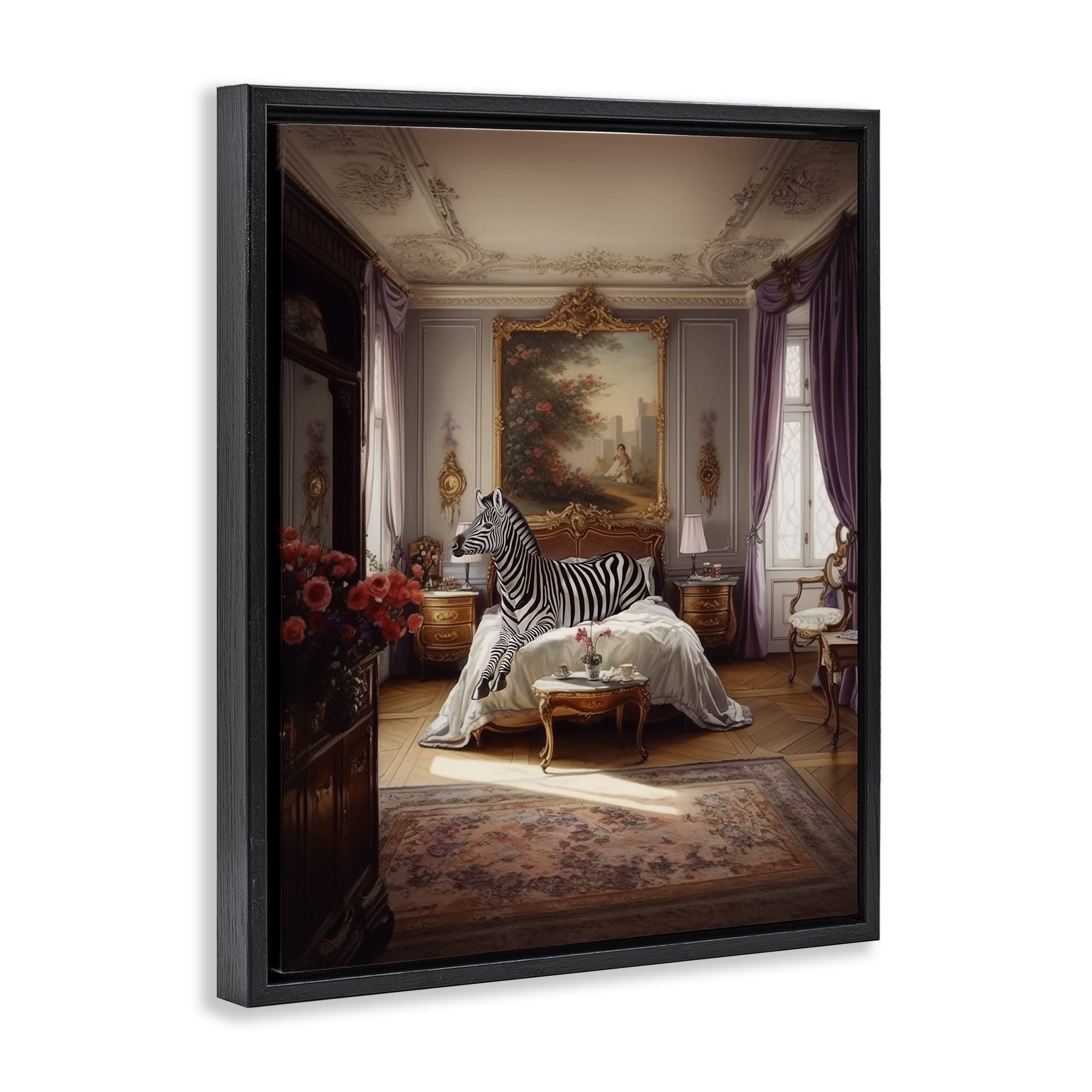 Stupell Industries Zebra in Regal Room Animals Painting Black Floater Framed Canvas Art Print Wall Art, 17 x 21