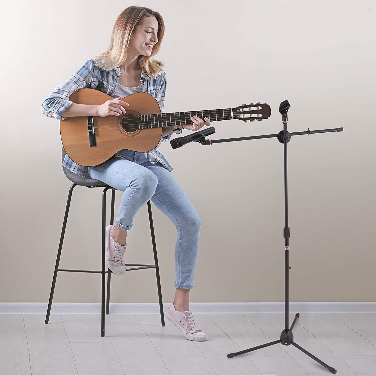 Tripod Microphone Stand Pair - Adjustable Height 27.5 to 52 Inch with Extendable  Arm and Carry Bag for Singers Musicians