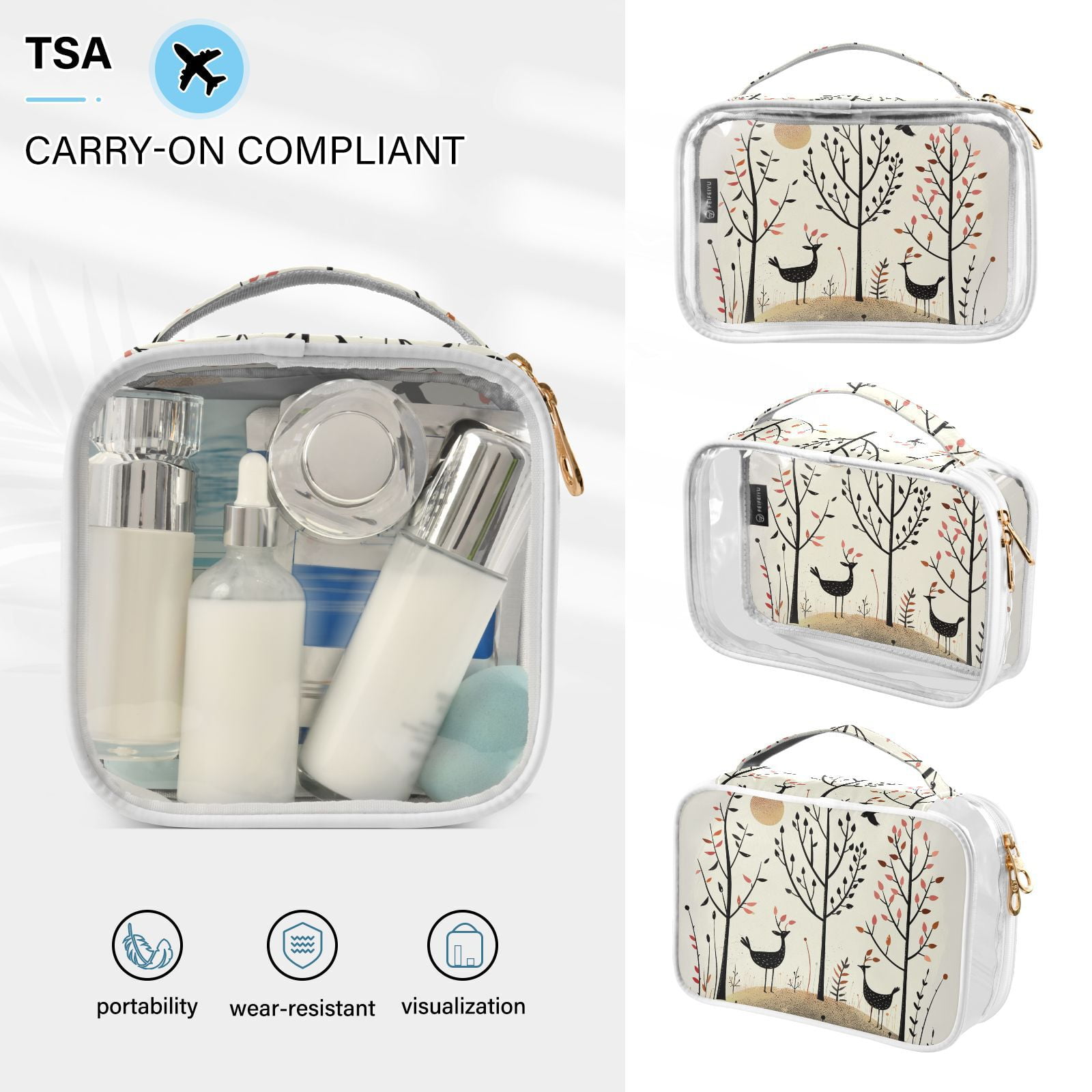Clear Makeup Bags with Handle Large Opening 2 Pack Set Toiletry Bag Quart Size Bag, for Women Man Traveling Travel Essentials, Toiletries and Other. Hand Drawn Forest