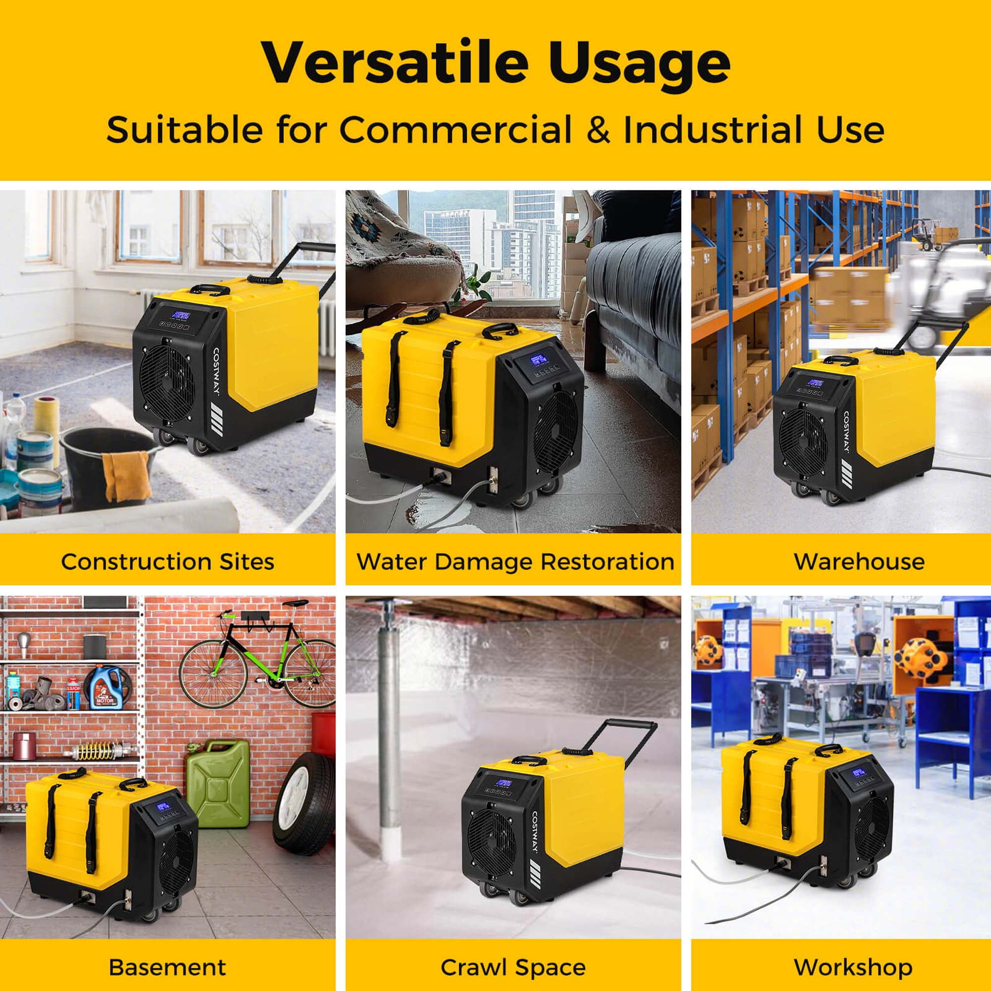 Costway 50-Pint(DOE) Commercial Dehumidifier Rotational Molded Industrial Dehumidifier with Pump Yellow 9,000 Sq.ft Coverage Area (MAX 190Pint at 95°F, 90%RH)