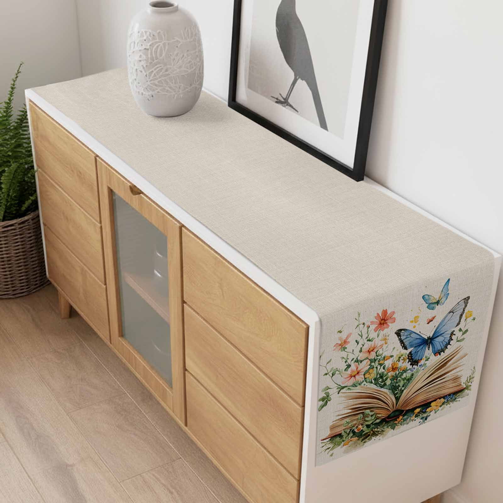 Butterfly Book Table Runner 13x90 inch Spring Flowers Cotton Linen Dining Table Runner Ideal for Dresser Kitchen Coffee Tables - Machine Washable