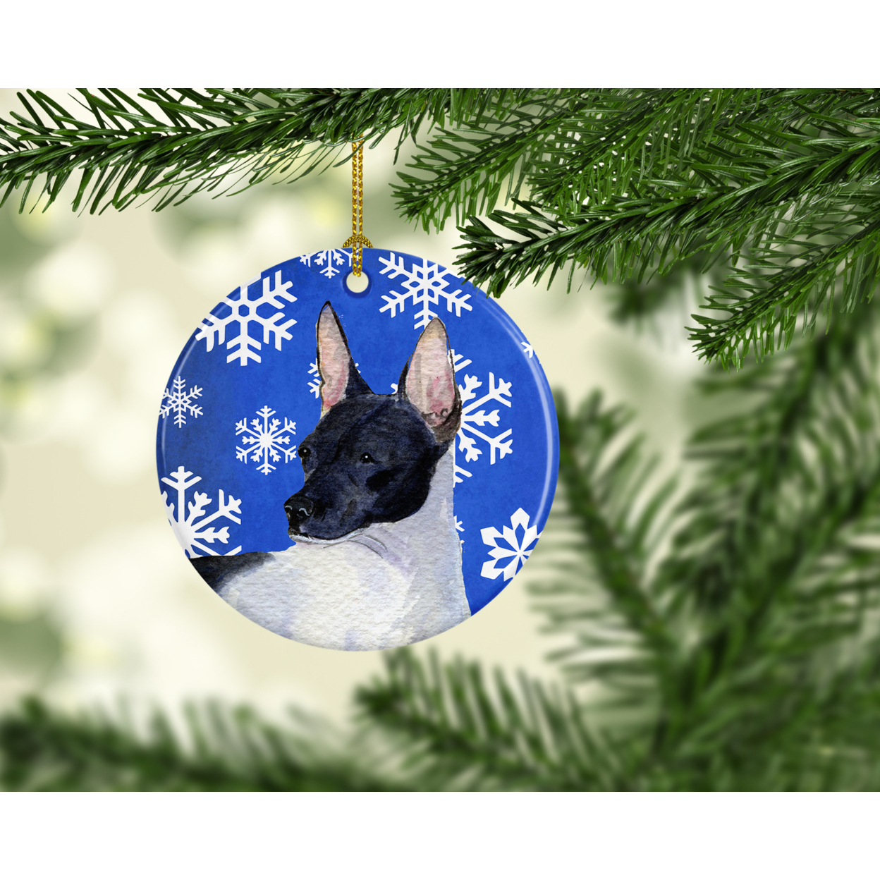 Carolines Treasures SS4618-CO1 Rat Terrier Winter Snowflakes Holiday Ceramic Ornament 3 in multicolor