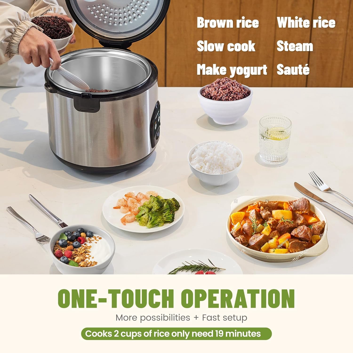 5-Cup Uncooked Rice Cooker Electric One-Touch for Asian Japanese Sushi Stainless Steel Inner Pot with Removable Lid Steamer Automatic  Warm Silver