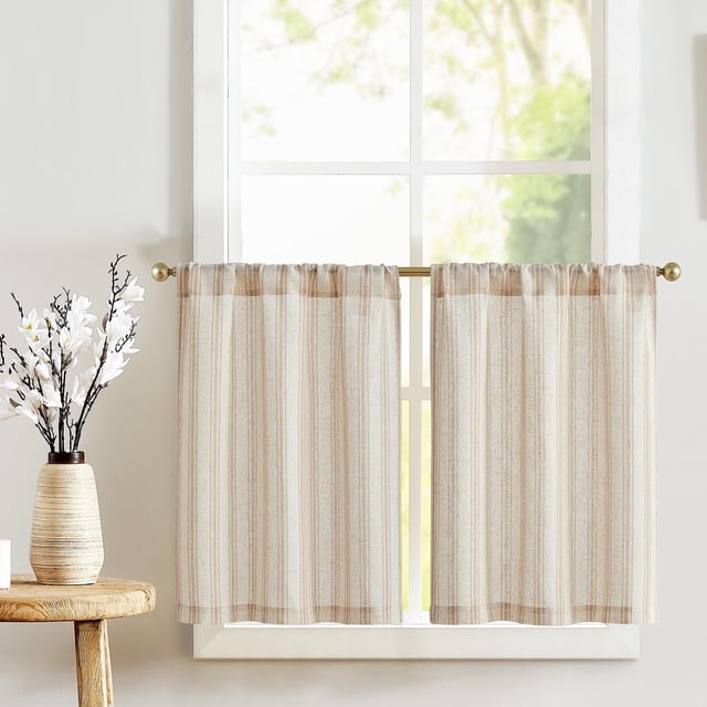 Cortinas Jinchan de lino a rayas para cocina, 66 x 76 cm, 2 paneles