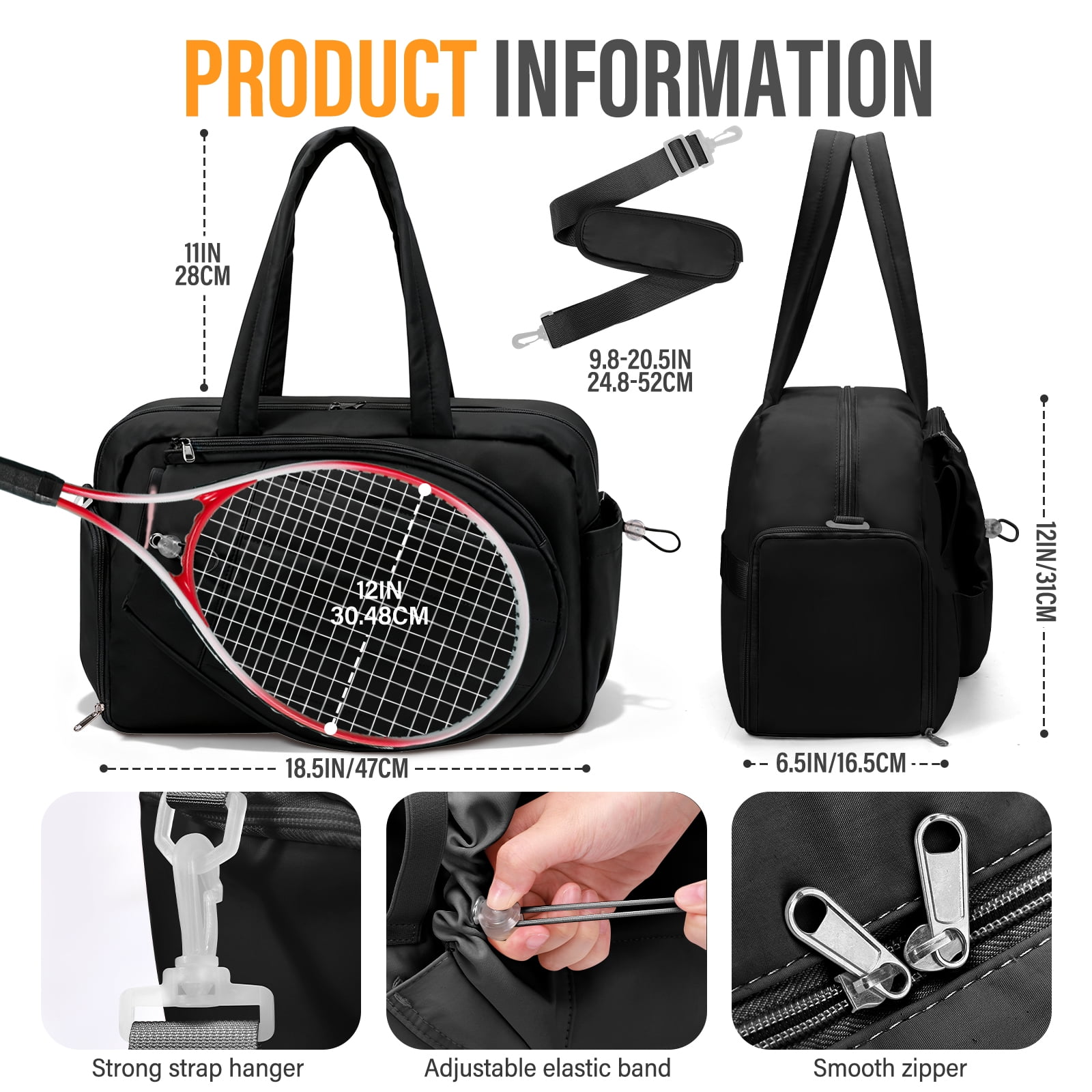 Gocvo Womens Tennis Bag with Shoe Compartment, Versatile Lightweight Tennis Racket Bag, Sports Bag for Tennis Pickleball Badminton (Black)