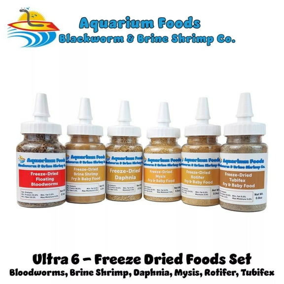 6-Pack of Bloodworms, Brine Shrimp, Daphnia, Mysis Shrimp, Rotifers, Tubifex Powders /Bits for allFish, Marine Fish, Corals - 6 x Squeeze Bottles