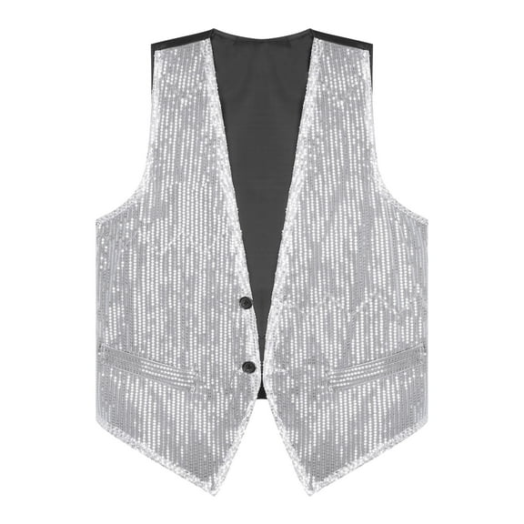 Zaldita Men Sequin Blazers Vest Gliter Suit Vest Nightclub Stage Clothes Shiny Sequin Waistcoat Vest Silver XXL