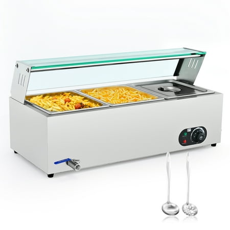 

Wilprep 3 Pan Bain Marie Food Warmer Buffet Server & Warmer w Glass Shelf Ladle Skimmer