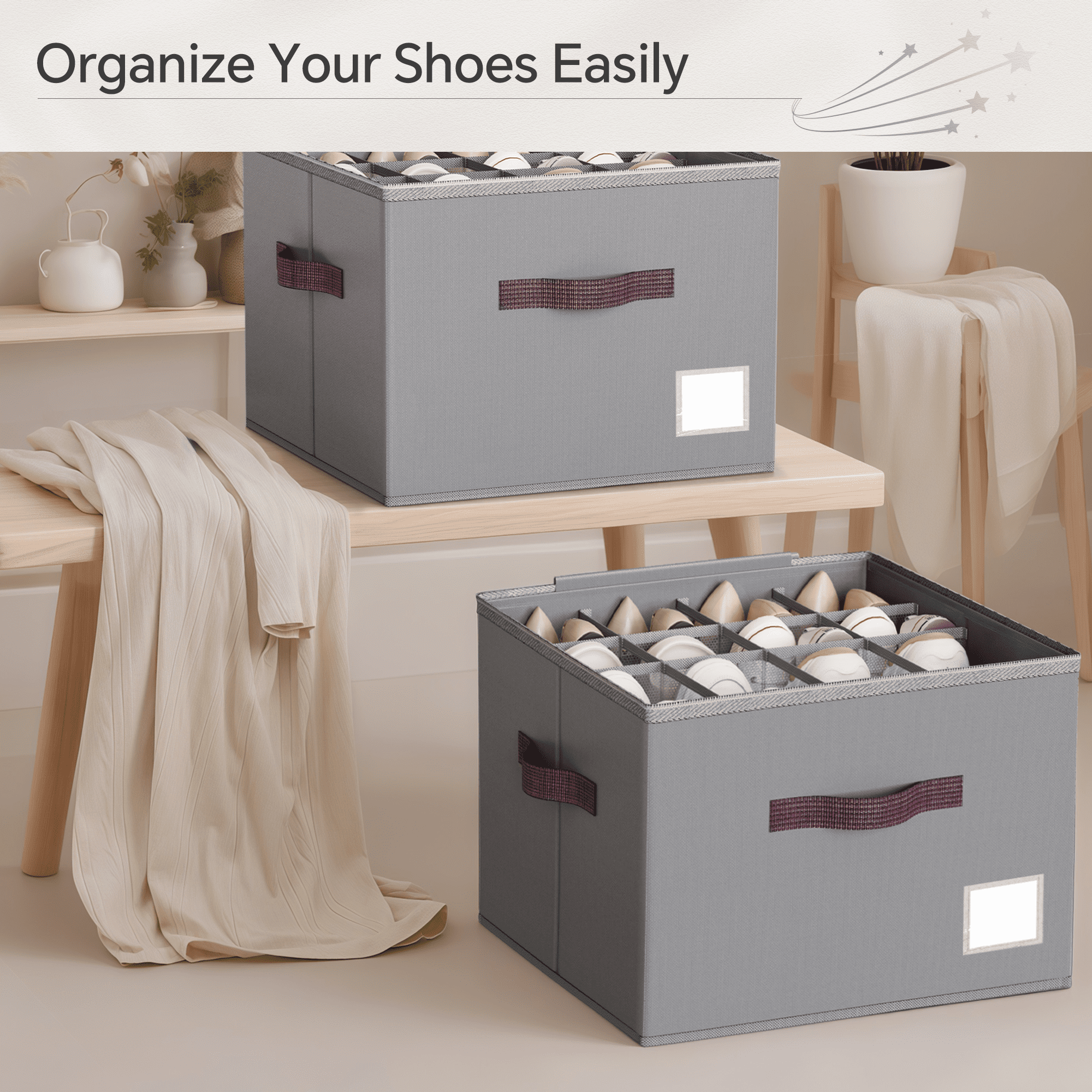 Criusia  Shoe Organizer for Closet, Shoe Storage for Sneakers Sandals Slippers, Fit 12-16 Pairs, Gray