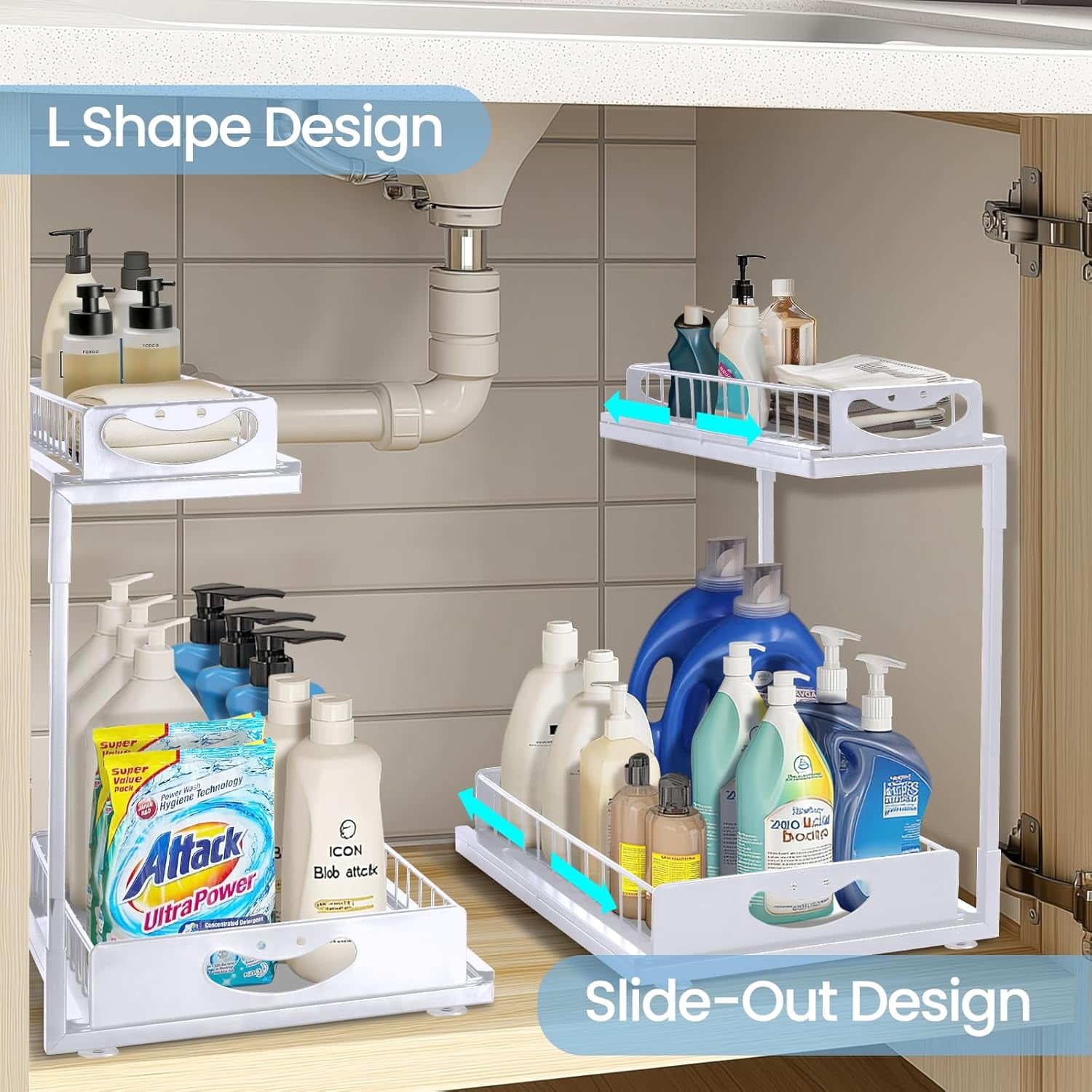 2 Pack Under Sink Organizer,Two Tier Sliding Kitchen Organization and Storage, Multi-Use Under Sink Organizer for Kitchen Bathroom Pantry Cabinet Closet,White