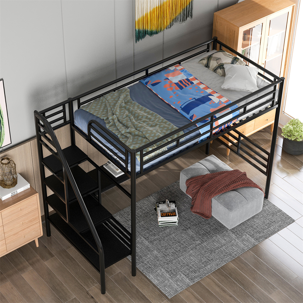 Metal Loft Bed, Twin Size Loft Bed Frame with Desk for Kids Teens Boys Girls, Noise Free Loft Bed with Stairs and Safety Guardrail for Bedroom, Space-Saving Design, No Box Spring Needed, Black - image 3 of 7