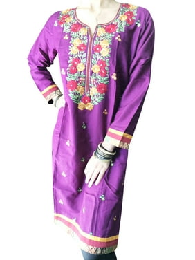 Women Tunic Long Dress, Embroidered Purple Cotton Traditional Fashion Handmade Ethnic Kurti M