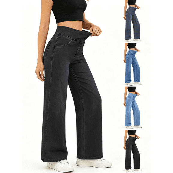 Zeijnsda Womens Jeans Elastic High-Waisted Jeans Classic Straight Wide-Leg Jeans Stylish Solid Color Multi Pockets Denim Pants for Daily Outings