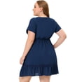 thumbnail image 4 of Women's Plus Size Dress V Neck Lace Insert Half Placket Short Sleeve Tie Waist Ruffle Hem Mini Dress Navy Blue 4X, 4 of 5
