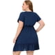 thumbnail image 4 of Women's Plus Size Dress V Neck Lace Insert Half Placket Short Sleeve Tie Waist Ruffle Hem Mini Dress Navy Blue 3X, 4 of 5