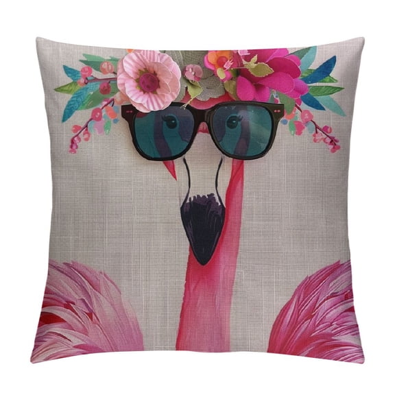 Qinduosi  Hello Summer Flamingo Decorative Throw Pillow Case Watercolor Flamingo in Sunglasses and Floral Wreath Decoration Cushion Cover Home Decor for Sofa Couch White