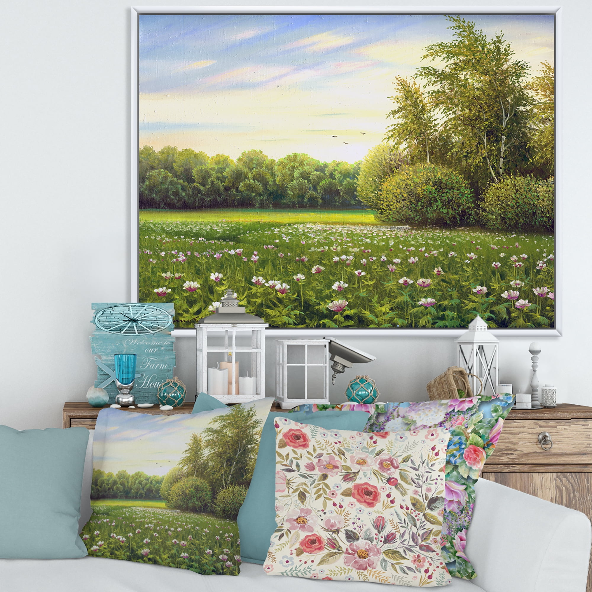 Designart 'Spring Trees By The Flowers and Meadows' Country Framed Canvas Wall Art Print