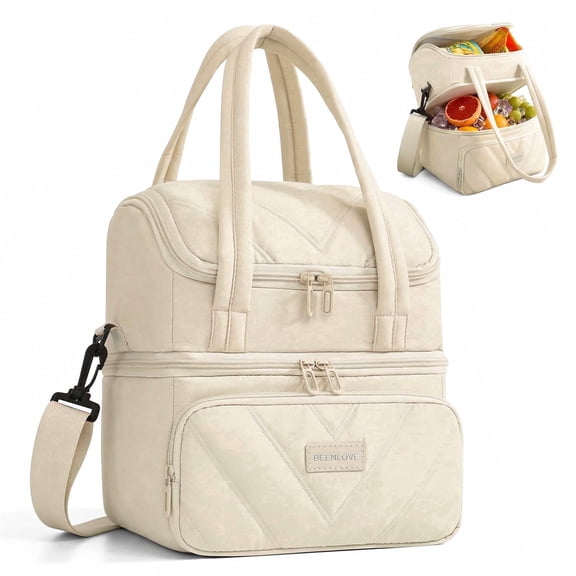 Insulated Lunch Box & Lunch Bag for Women Men, Water Resistant Reusable Double Deck Large Cooler Bag for Work Travel Outdoor, 12L,White