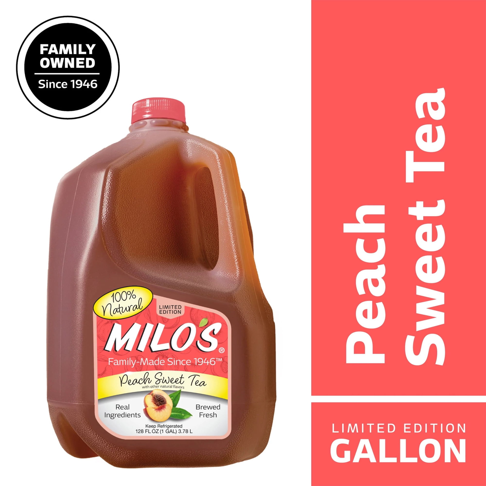 Milo's Peach Sweet Tea, Refrigerated Iced Tea, 128 fl oz Gallon, 100% Natural, No Preservatives, Brewed Fresh Daily