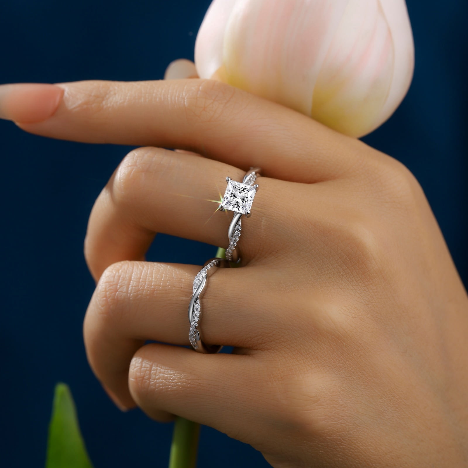 SFTING Wedding Rings for Women Engagement Rings 925 Sterling Silver Wedding Rings 5A CZ Princess Cut Size 9