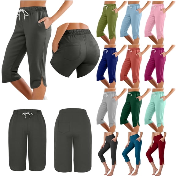 QATAINLAV Capri Leggings for Women Petite Knee Length Summer Casual Side Slit Cropped Pants Athletic Workout Tummy Control Stretch Yoga Pants with Pockets Pink L