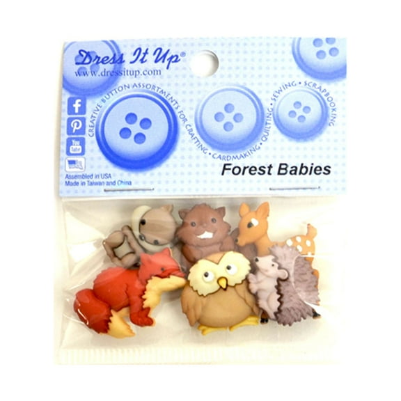 Dress It Up Buttons, Forest Babies, Fox and Owls, Sewing Fasteners, Multi Color, 6 Pcs.