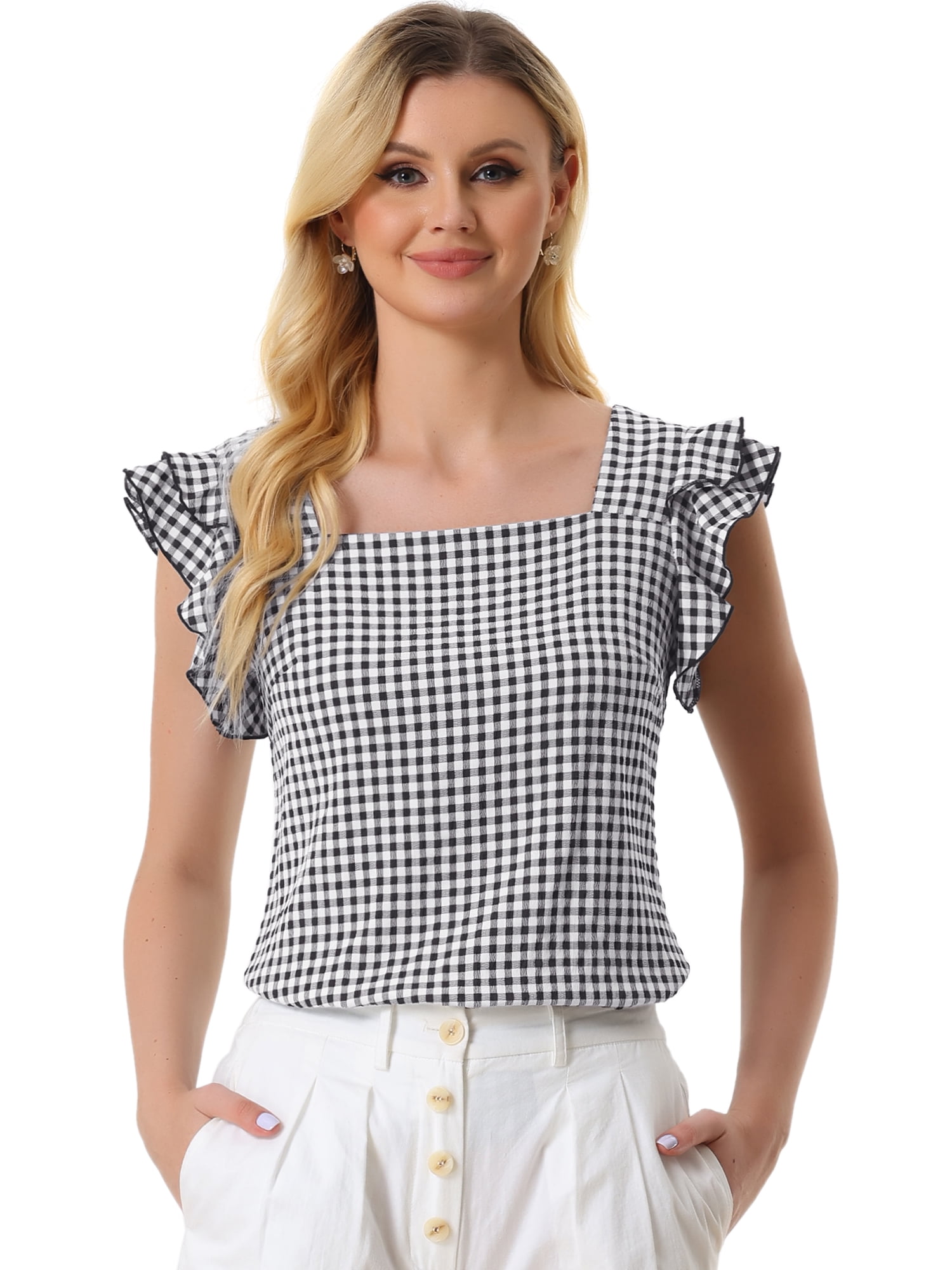 Top de verano a cuadros para mujer Blusa de manga con volantes y